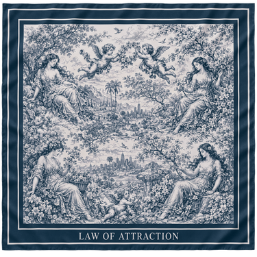 Blue Law of Attraction silk scarf — full flat view