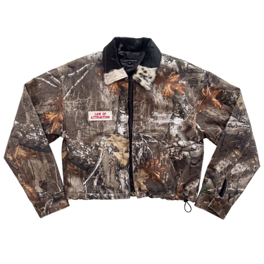 CAMO MANIFESTATION MASTER CROP — front studio flat showing cowhide collar and chest embroidery