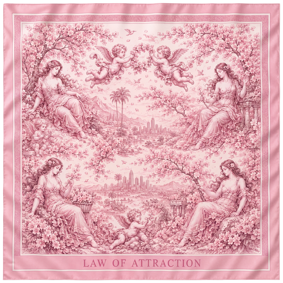 Pink Law of Attraction silk scarf — full flat view