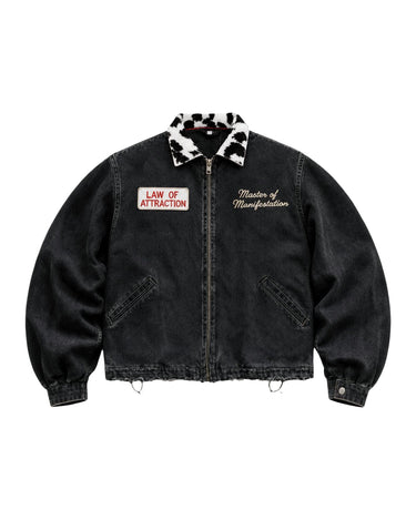 Black Manifestation Master Godspeed Denim Cowhide Jacket — Product mockup / flat lay