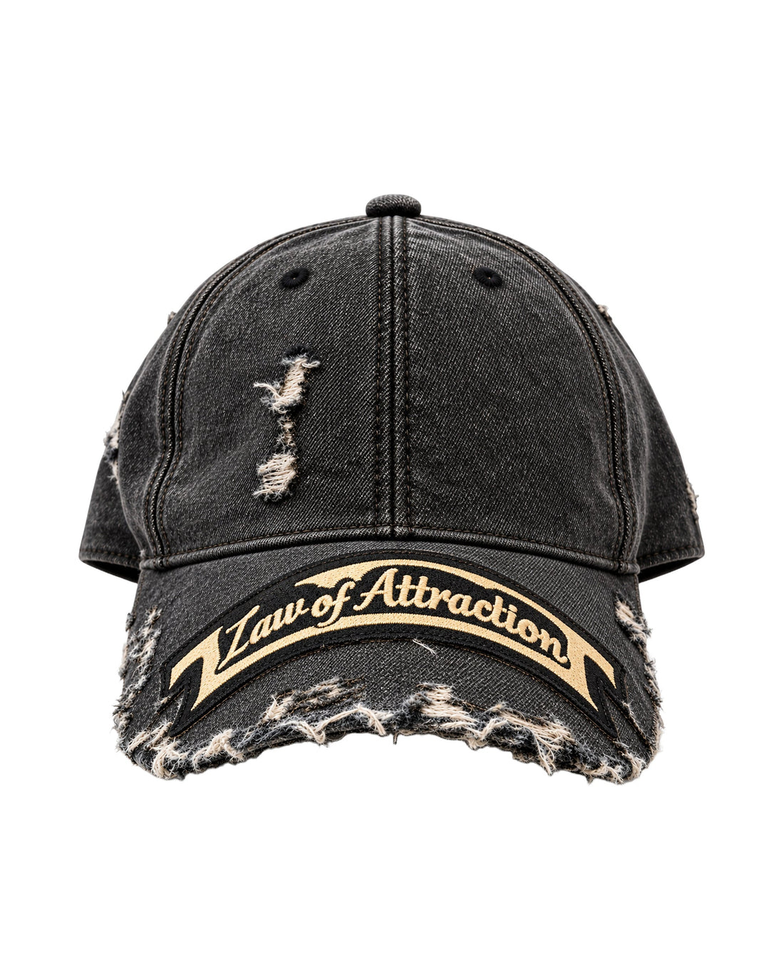 Washed Black Law of Attraction Selvedge Denim Cap — Product mockup / flat lay