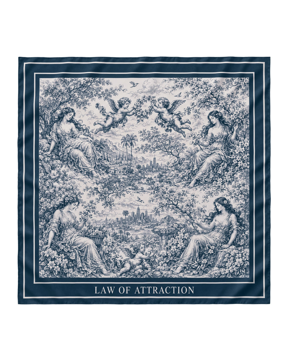 JASMINE BLUE SILK LAW OF ATTRACTION SCARF — Product mockup / flat lay