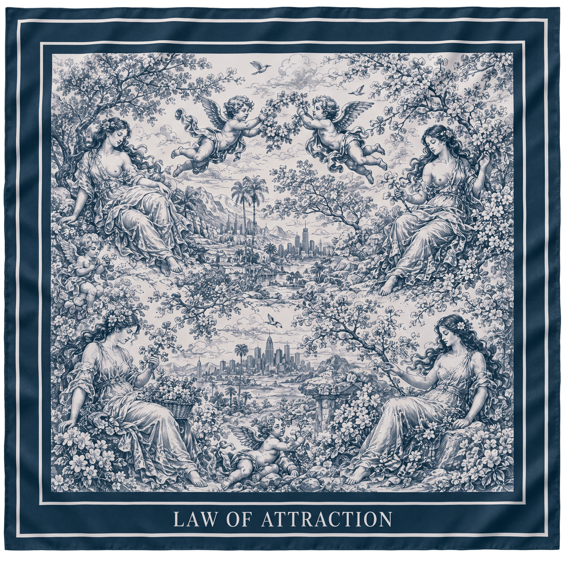 Blue Law of Attraction silk scarf — full flat view