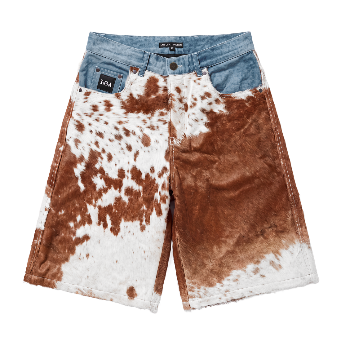 BROWN COWHIDE DENIM JORT — front flat showing hair-on cowhide, blue denim waistband and leather L.O.A tag