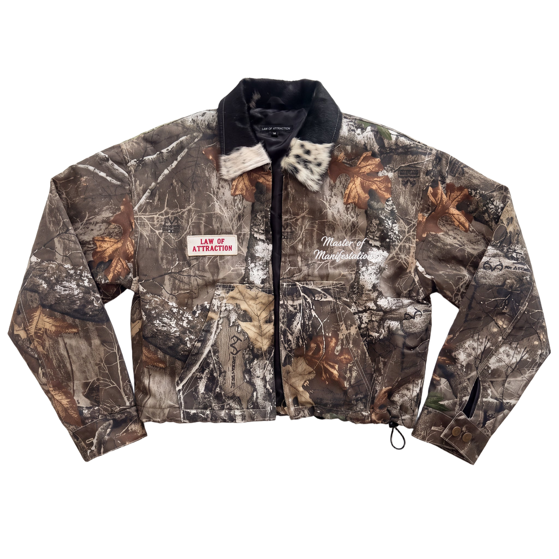 CAMO MANIFESTATION MASTER CROP — front studio flat showing cowhide collar and chest embroidery