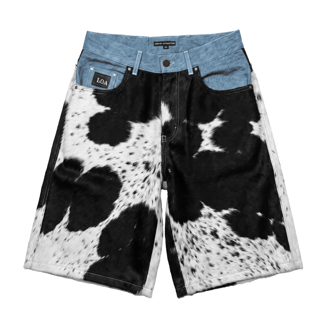 Cowhide x Denim Selvedge Jorts — front flat, black and ivory natural cowhide pattern, transparent background