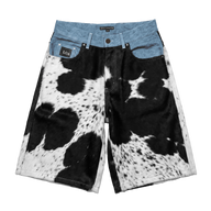 Cowhide x Denim Selvedge Jorts — front flat, black and ivory natural cowhide pattern, transparent background