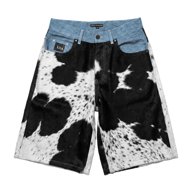 Cowhide x Denim Selvedge Jorts — front flat, black and ivory natural cowhide pattern, transparent background