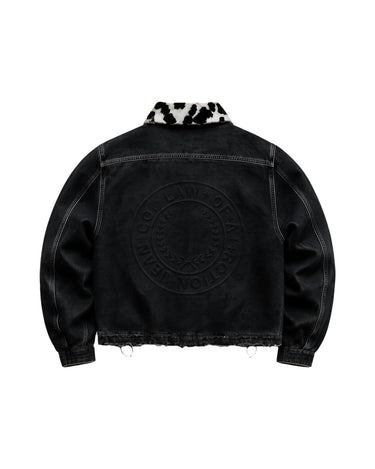 Black Manifestation Master Godspeed Denim Cowhide Jacket â€” Product mockup / flat lay