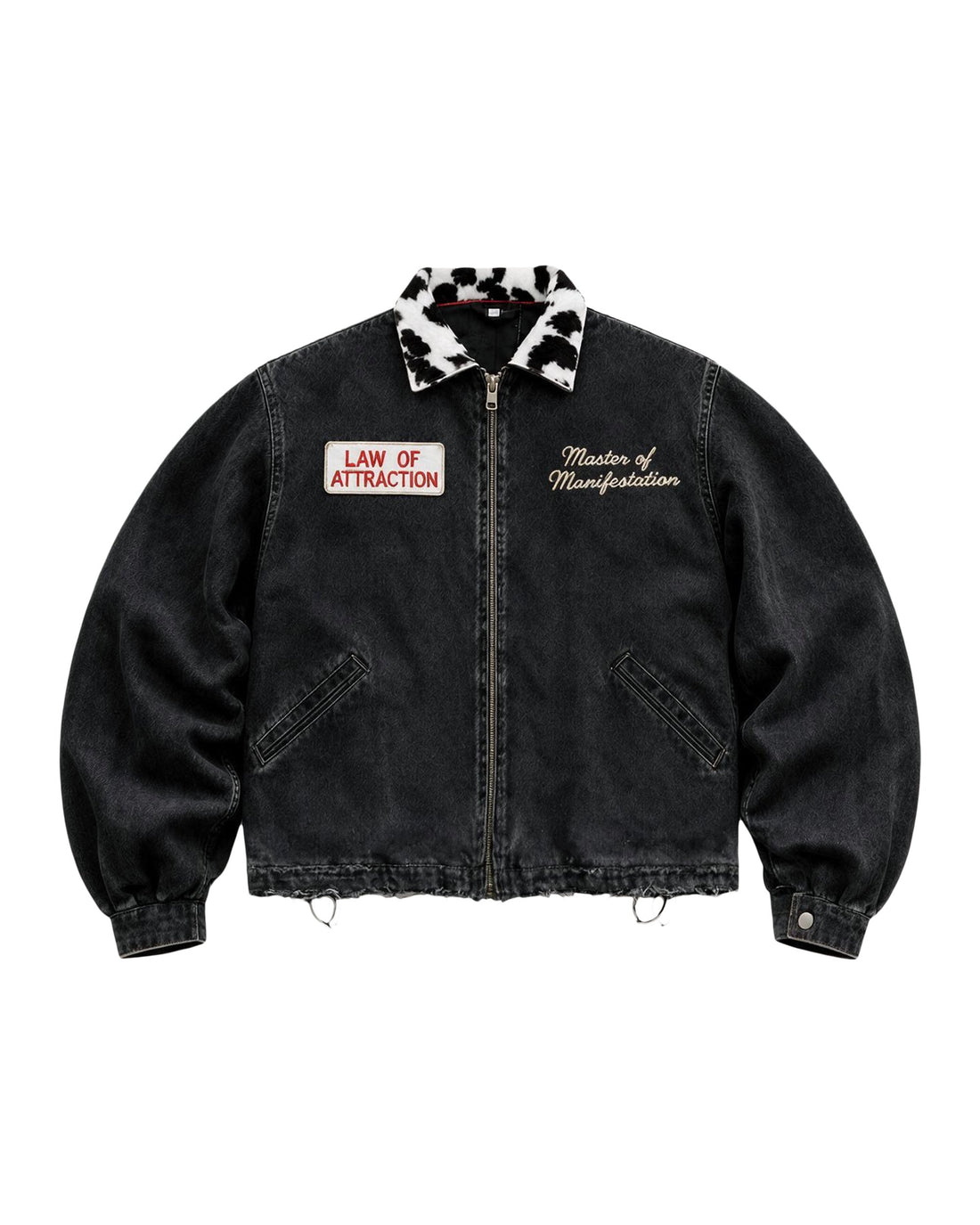 Black Manifestation Master Godspeed Denim Cowhide Jacket — Product mockup / flat lay