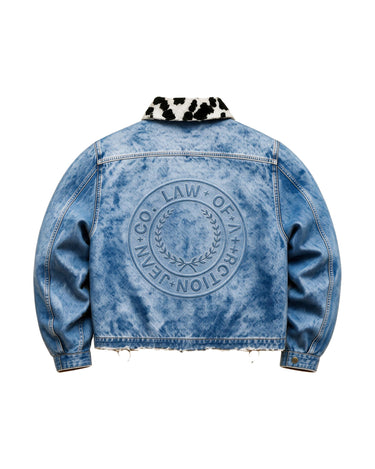 Blue Manifestation Master Godspeed Denim Cowhide Jacket — Product mockup / flat lay
