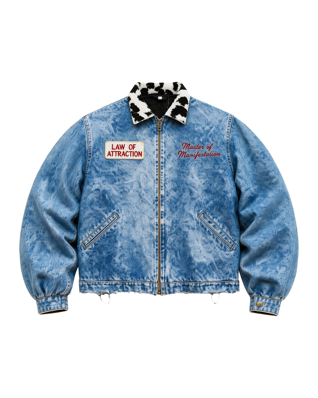 Blue Manifestation Master Godspeed Denim Cowhide Jacket — Product mockup / flat lay